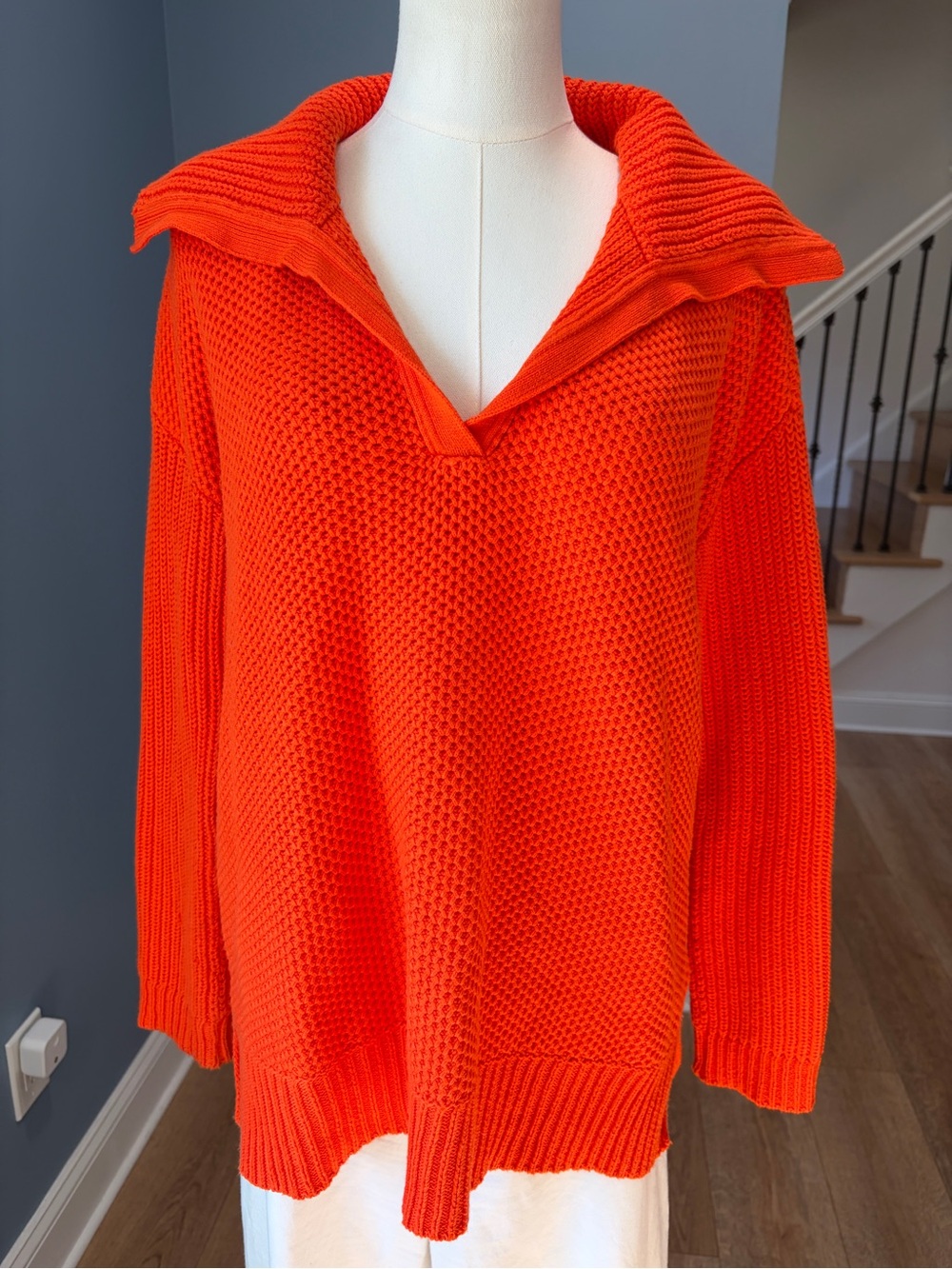 Lauren Ralph Lauren Orange Cotton Pullover Sweater Oversized Collar Medium
